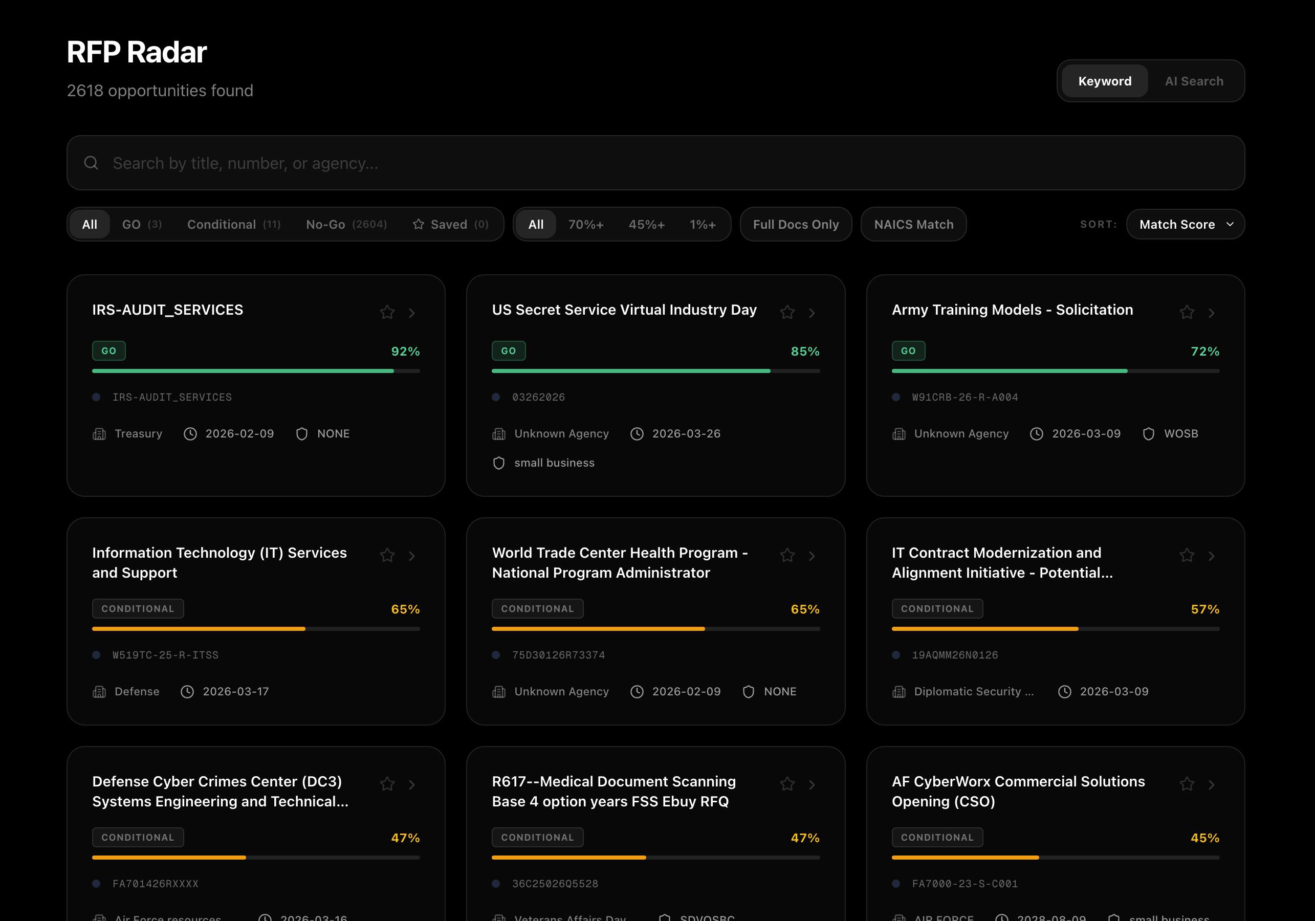 Radar interface showing contract matching dashboard